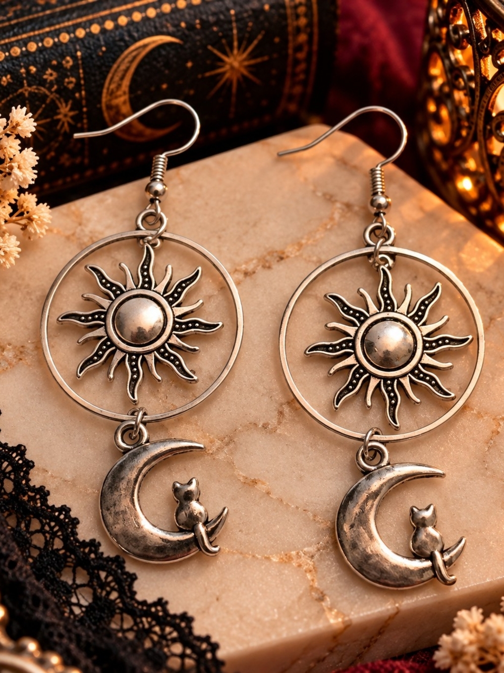 Silver Tone Metal Sun & Moon Cat Drop Dangle Earrings - Boho New